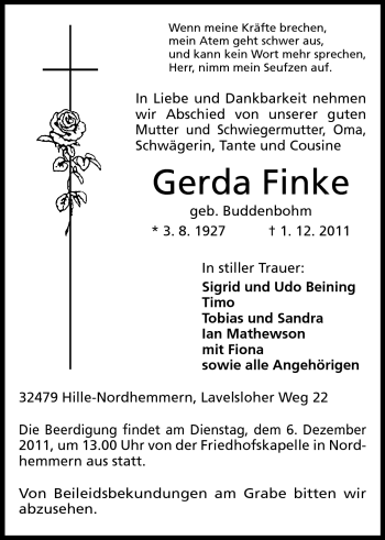 Anzeige von Gerda Finke von Mindener Tageblatt