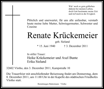 Anzeige von Renate Krückemeier von Mindener Tageblatt