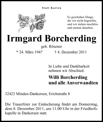 Anzeige von Irmgard Borcherding von Mindener Tageblatt