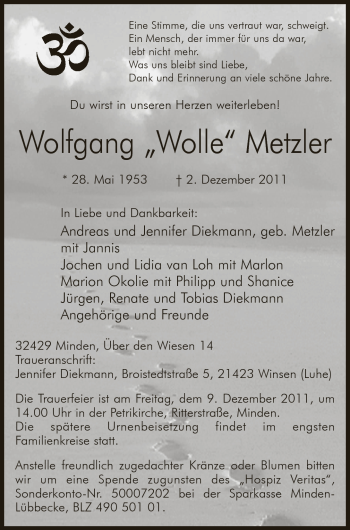 Anzeige von Wolfgang Metzler von Mindener Tageblatt