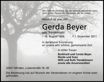 Anzeige von Gerda Beyer von Mindener Tageblatt