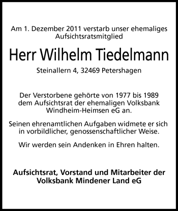 Anzeige von Wilhelm Tiedelmann von Mindener Tageblatt
