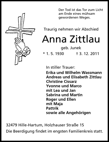 Anzeige von Anna Zittlau von Mindener Tageblatt