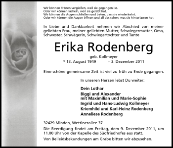 Anzeige von Erika Rodenberg von Mindener Tageblatt