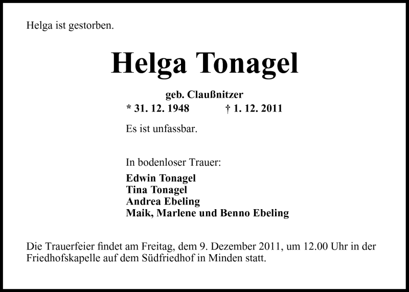  Traueranzeige für Helga Tonagel vom 06.12.2011 aus Mindener Tageblatt