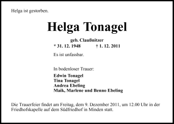 Anzeige von Helga Tonagel von Mindener Tageblatt