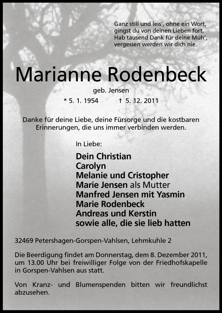  Traueranzeige für Marianne Rodenbeck vom 06.12.2011 aus Mindener Tageblatt
