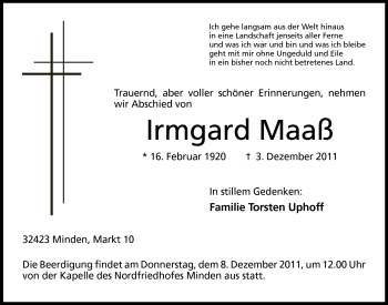 Anzeige von Irmgard Maaß von Mindener Tageblatt