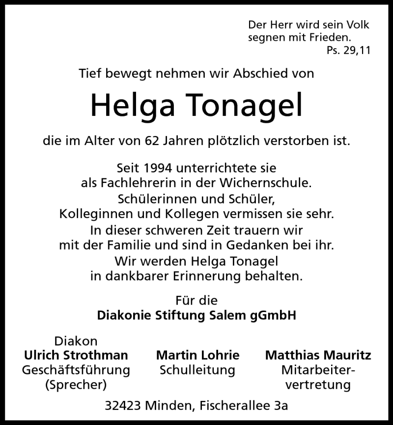  Traueranzeige für Helga Tonagel vom 07.12.2011 aus Mindener Tageblatt