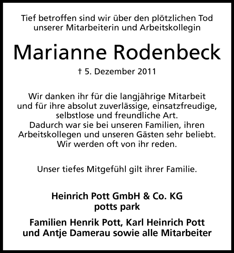  Traueranzeige für Marianne Rodenbeck vom 07.12.2011 aus Mindener Tageblatt