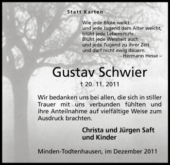 Anzeige von Gustav Schwier von Mindener Tageblatt