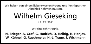 Anzeige von Wilhelm Gieseking von Mindener Tageblatt