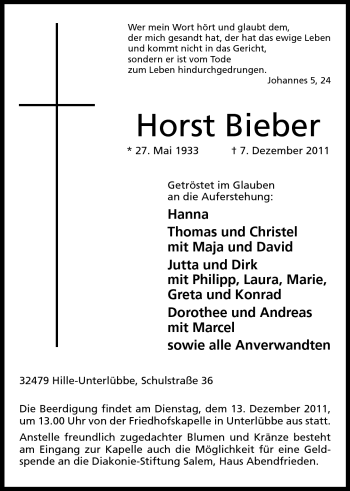 Anzeige von Horst Bieber von Mindener Tageblatt