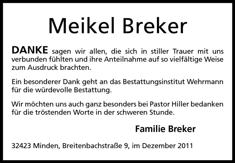  Traueranzeige für Meikel Breker vom 10.12.2011 aus Mindener Tageblatt