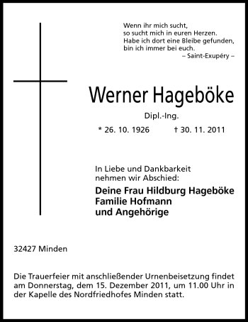 Anzeige von Werner Hageböke von Mindener Tageblatt