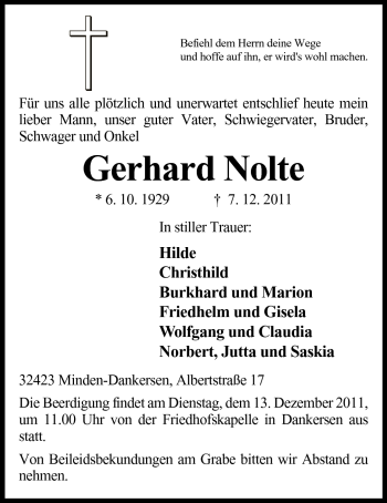 Anzeige von Gerhard Nolte von Mindener Tageblatt