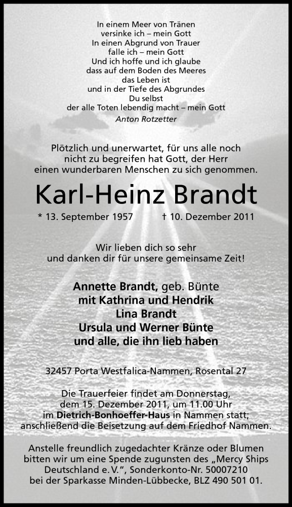  Traueranzeige für Karl-Heinz Brandt vom 12.12.2011 aus Mindener Tageblatt