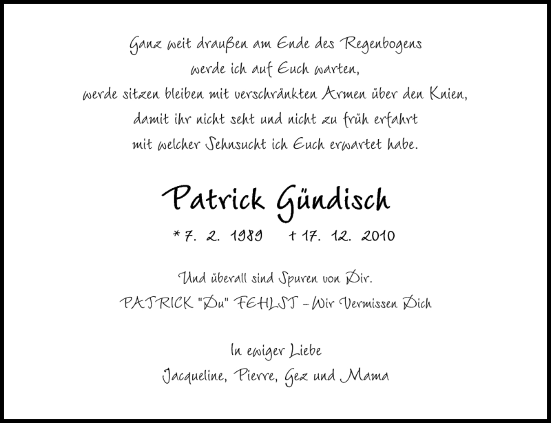  Traueranzeige für Patrick Gündisch vom 17.12.2011 aus Mindener Tageblatt