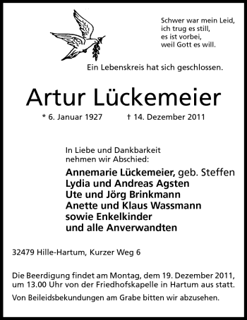 Anzeige von Artur Lückemeier von Mindener Tageblatt
