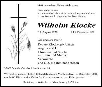 Anzeige von Wilhelm Klocke von Mindener Tageblatt