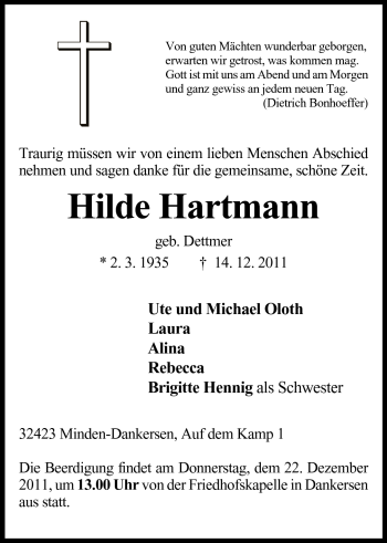 Anzeige von Hilde Hartmann von Mindener Tageblatt