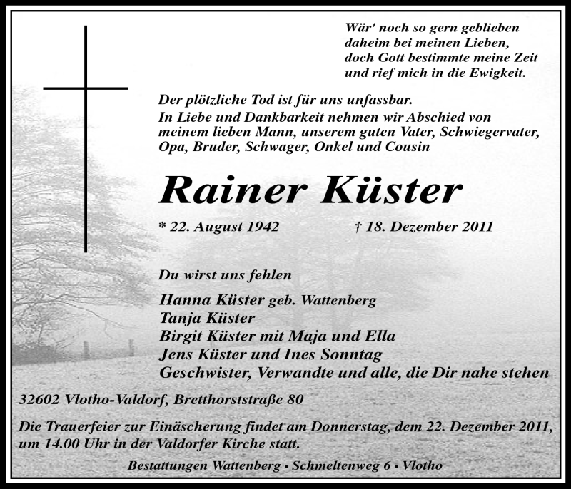  Traueranzeige für Rainer Küster vom 20.12.2011 aus Mindener Tageblatt