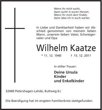 Anzeige von Wilhelm Kaatze von Mindener Tageblatt