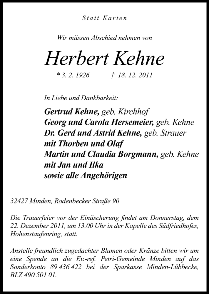  Traueranzeige für Herbert Kehne vom 20.12.2011 aus Mindener Tageblatt