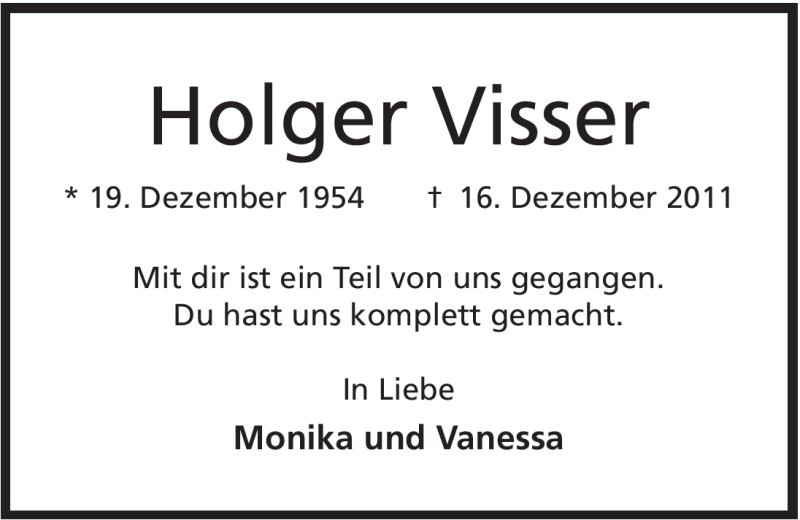  Traueranzeige für Holger Visser vom 21.12.2011 aus Mindener Tageblatt