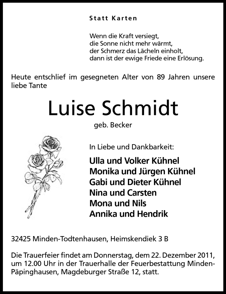  Traueranzeige für Luise Schmidt vom 20.12.2011 aus Mindener Tageblatt