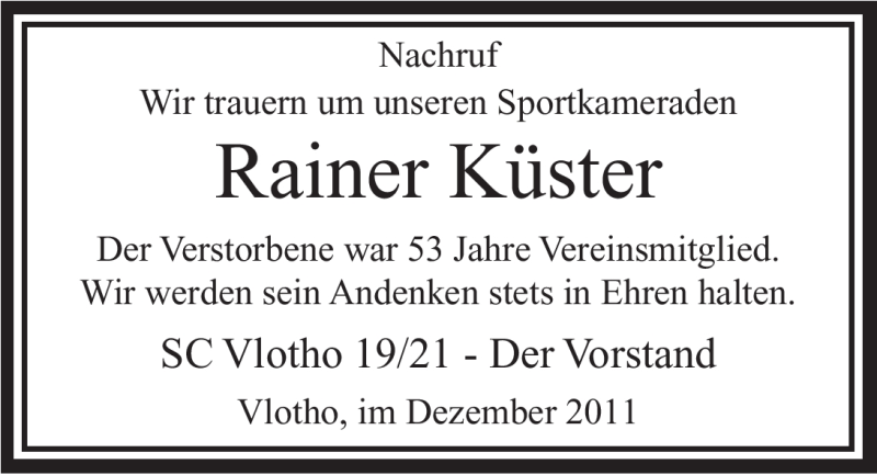  Traueranzeige für Rainer Küster vom 23.12.2011 aus Mindener Tageblatt