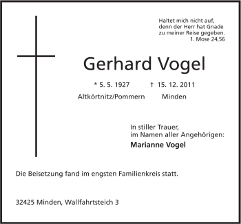 Anzeige von Gerhard Vogel von Mindener Tageblatt