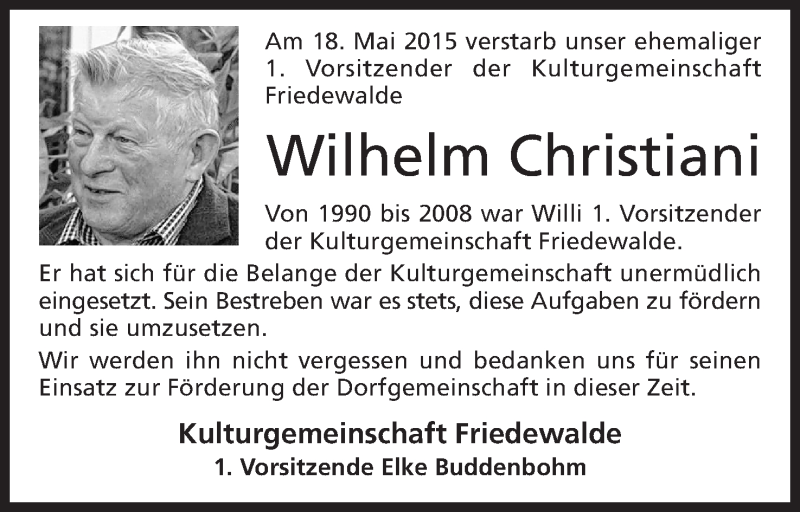  Traueranzeige für Wilhelm Christiani vom 22.05.2015 aus Mindener Tageblatt