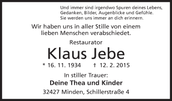 Anzeige von Klaus Jebe von Mindener Tageblatt