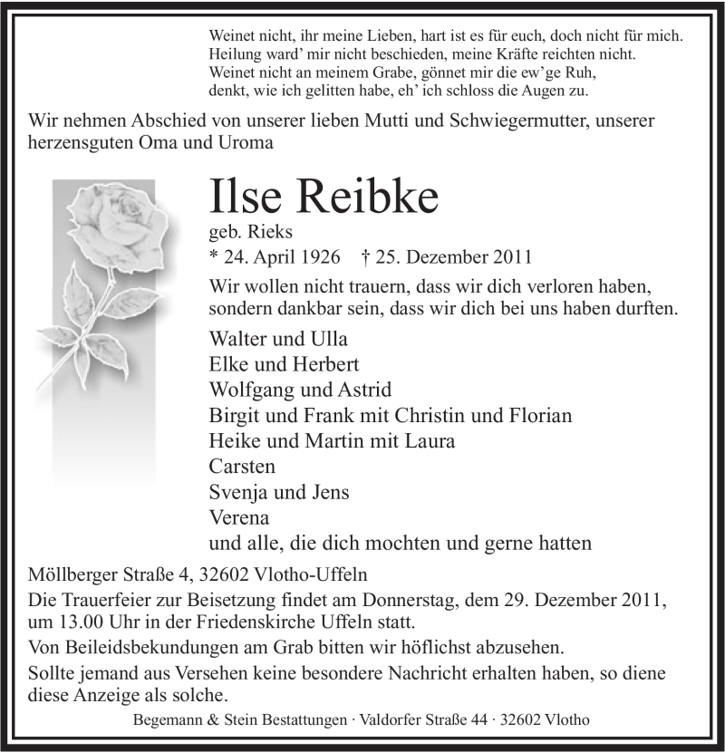  Traueranzeige für Ilse Reibke vom 28.12.2011 aus Mindener Tageblatt