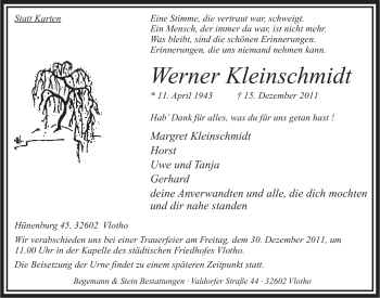 Anzeige von Werner Kleinschmidt von Mindener Tageblatt