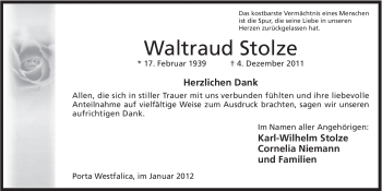 Anzeige von Waltraud Stolze von Mindener Tageblatt