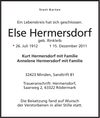 Anzeige von Else Hermersdorf von Mindener Tageblatt