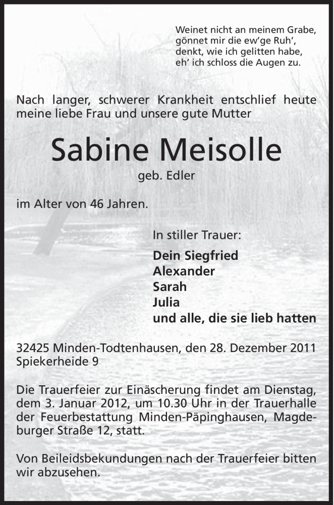  Traueranzeige für Sabine Meisolle vom 30.12.2011 aus Mindener Tageblatt
