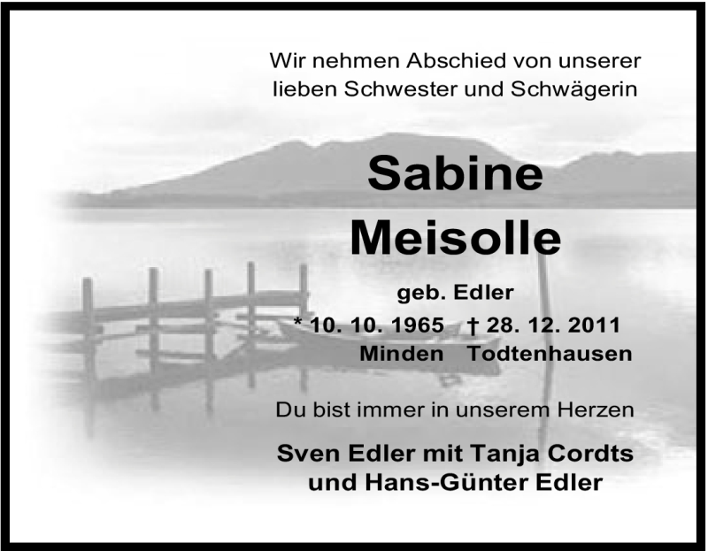  Traueranzeige für Sabine Meisolle vom 03.01.2012 aus Mindener Tageblatt
