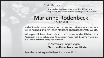 Anzeige von Marianne Rodenbeck von Mindener Tageblatt