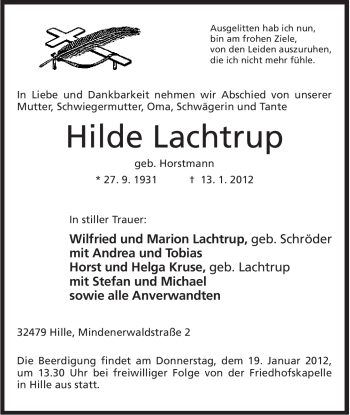 Anzeige von Hilde Lachtrup von Mindener Tageblatt