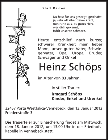 Anzeige von Heinz Schöps von Mindener Tageblatt