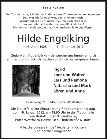 Anzeige von Hilde Engelking von Mindener Tageblatt