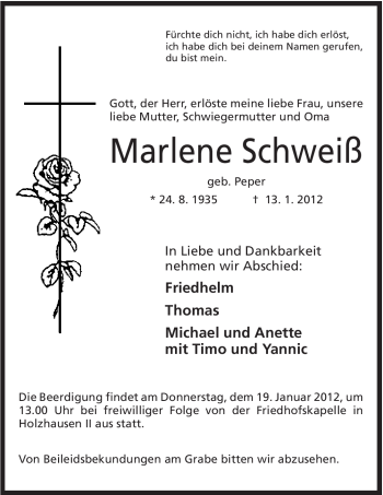 Anzeige von Marlene Schweiß von Mindener Tageblatt