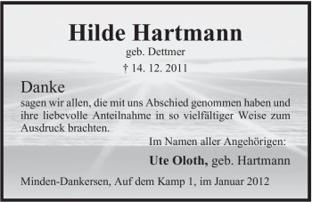Anzeige von Hilde Hartmann von Mindener Tageblatt