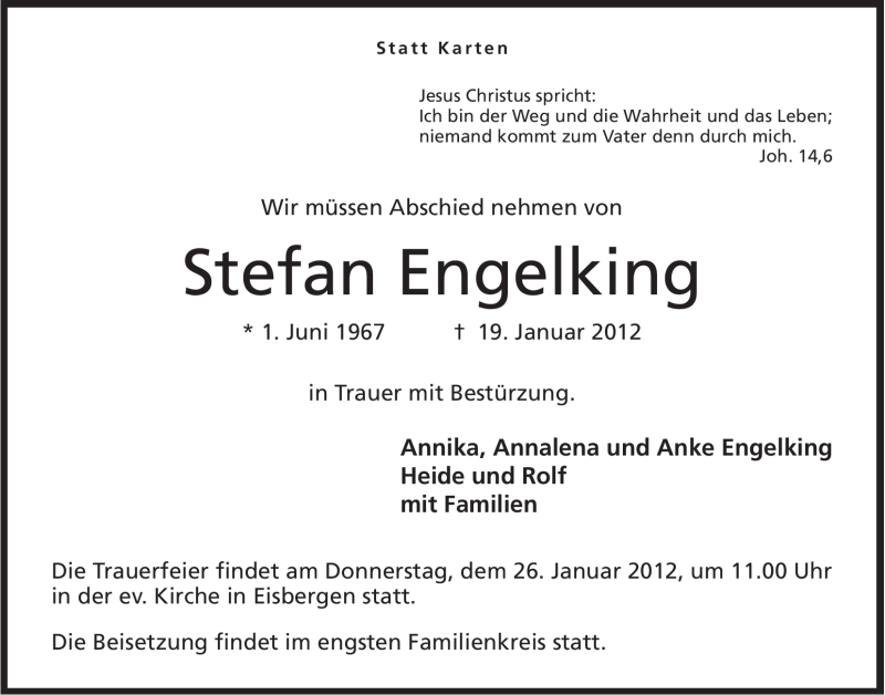  Traueranzeige für Stefan Engelking vom 21.01.2012 aus Mindener Tageblatt