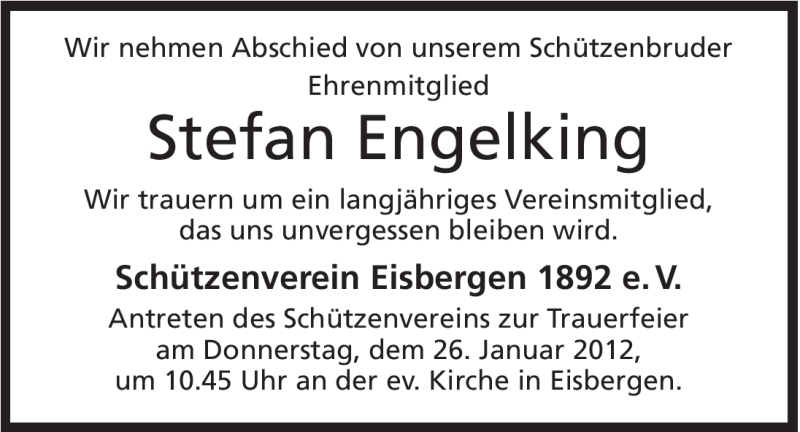  Traueranzeige für Stefan Engelking vom 24.01.2012 aus Mindener Tageblatt