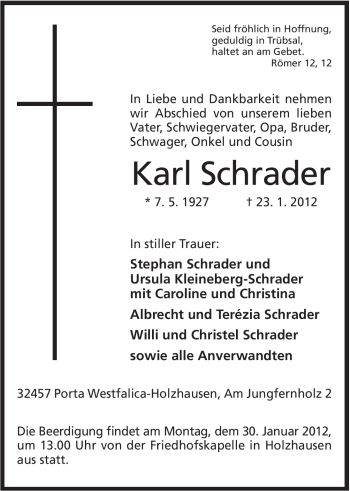 Anzeige von Karl Schrader von Mindener Tageblatt