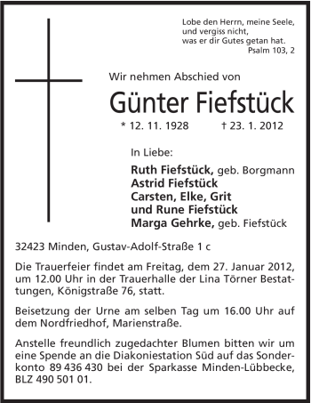 Anzeige von Günter Fiefstück von Mindener Tageblatt